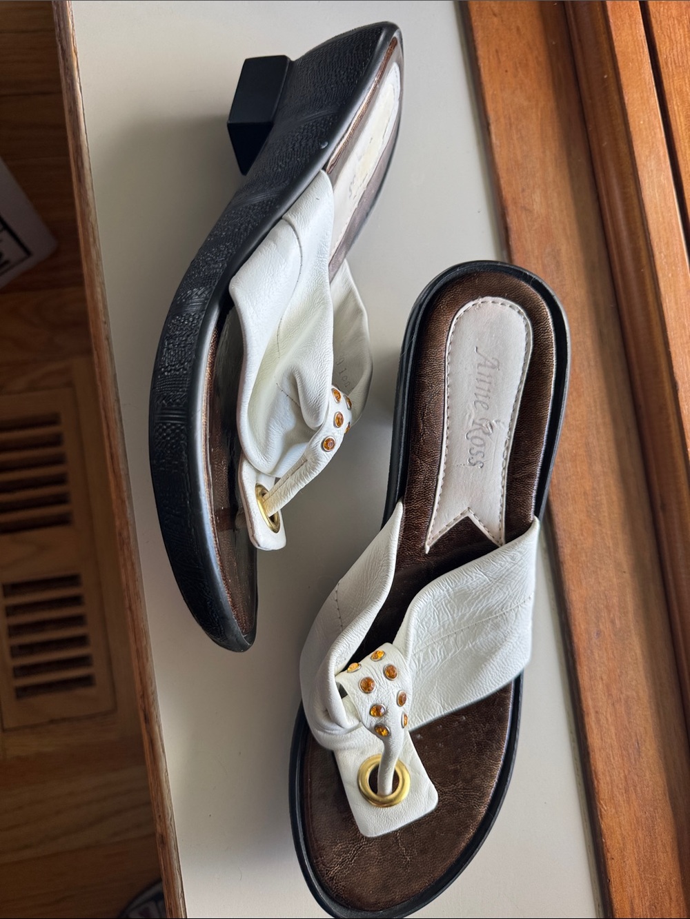White Leather Toe-Ring Slide Sandals with Gold Accents
